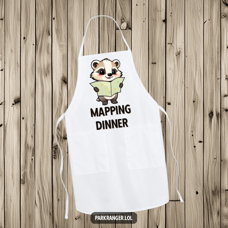 Funny apron featuring a determined badger character holding a map, designed for kitchen fun with a humorous and purposeful theme.