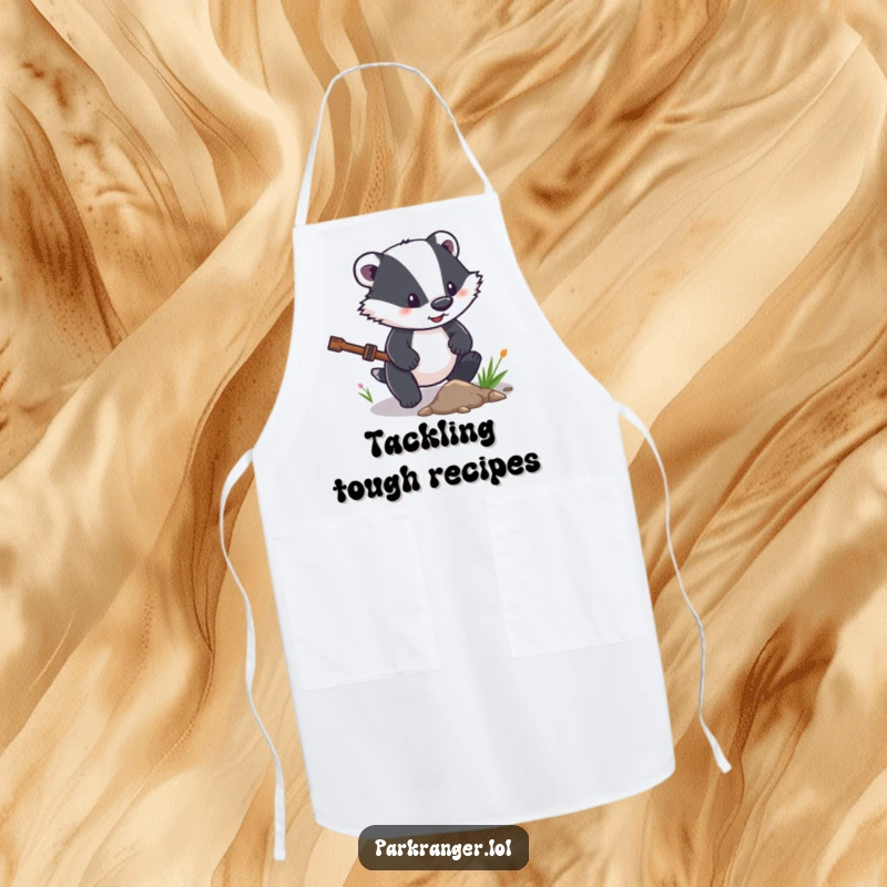 Funny Apron with a determined badger character clearing a small path, symbolizing focus and hard work in the kitchen.