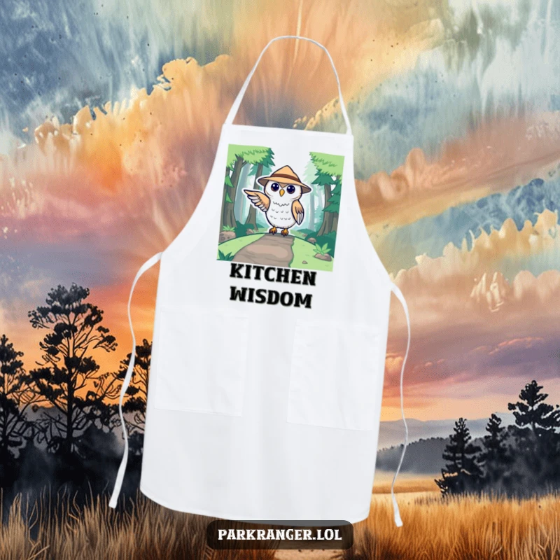 Funny apron featuring a cute stylized owl ranger pointing towards a forest path, perfect for kitchen adventures.