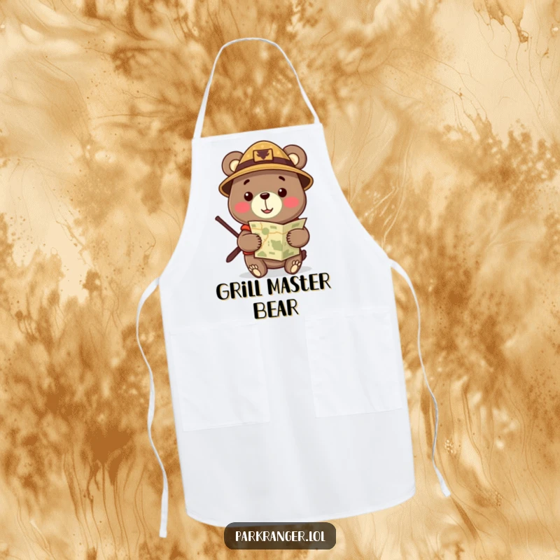 Funny Apron with a cheerful bear in a ranger hat, holding a map, ready for kitchen adventures, fun and practical.