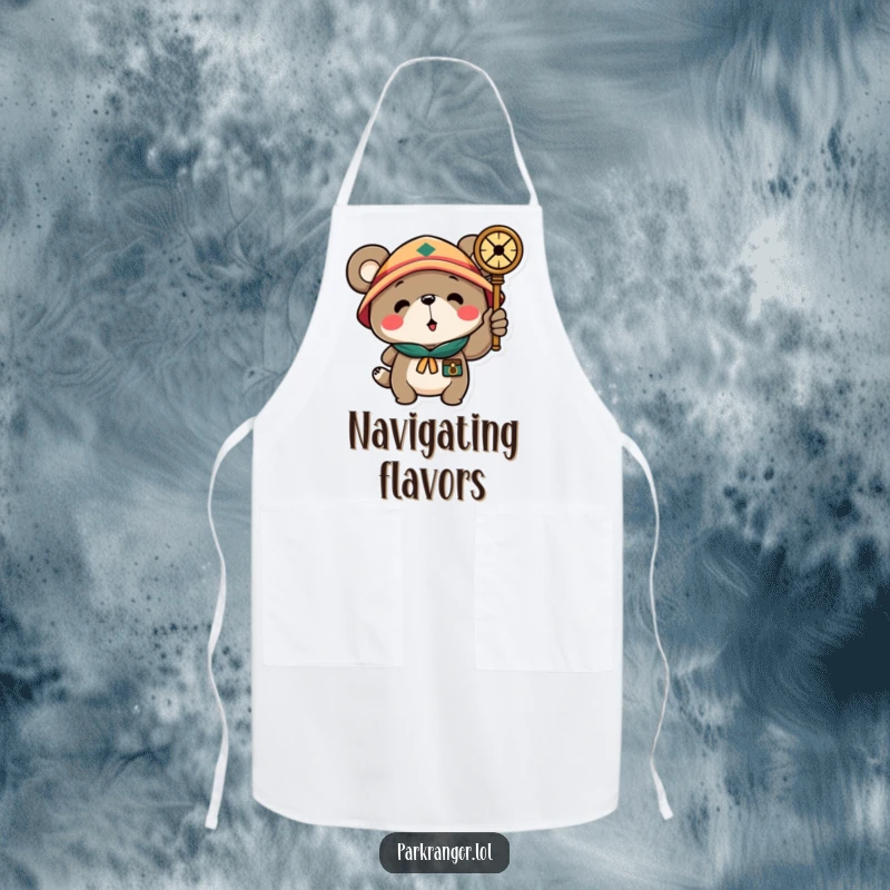 Funny apron featuring a scout bear character pointing a compass, designed for kitchen adventurers who enjoy humor while cooking or baking.