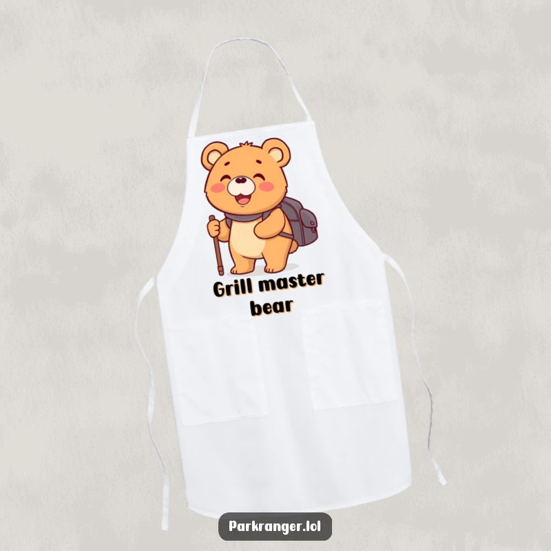 Funny apron featuring a happy, round bear character with a backpack and walking stick, ideal for kitchen adventures.