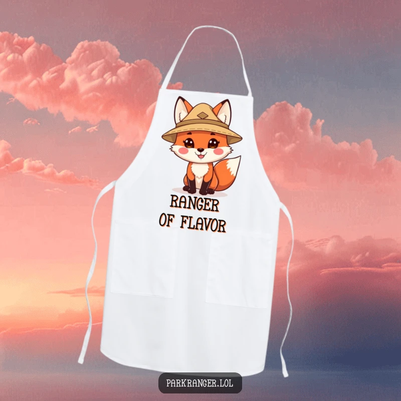Funny apron featuring a happy fox character wearing a ranger hat, designed for kitchen fun with a charming woodland theme and humorous appeal.
