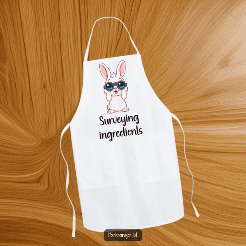 Funny apron featuring a playful rabbit character looking through binoculars, designed for kitchen fun with a humorous and observant touch.