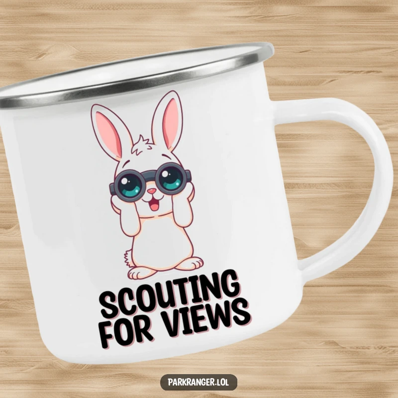 Funny camping mug showcasing a playful rabbit character with binoculars, perfect for enjoying beverages outdoors while humorously observing the surroundings.