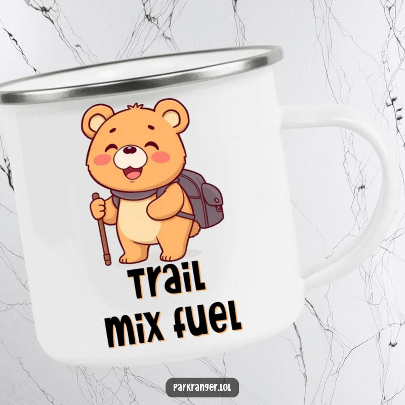 Funny camping mug featuring a happy, round bear character with a backpack and walking stick, durable and humorous drinkware.