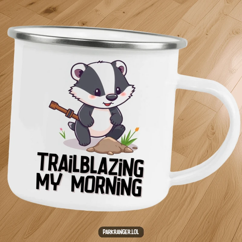 Funny Camping Mug with a determined badger character clearing a small path, ready for outdoor challenges and enjoyment.