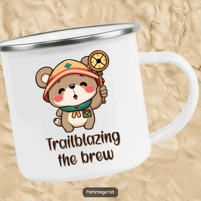 Funny camping mug showcasing a scout bear character pointing a compass, perfect for outdoor enthusiasts to enjoy their favorite beverages with a humorous touch.
