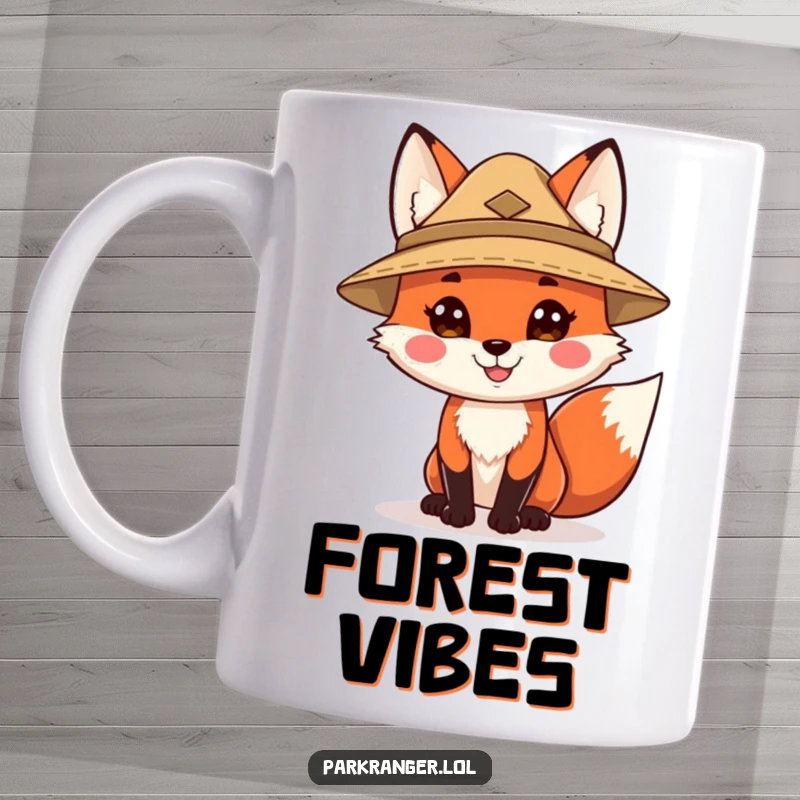 Funny mug featuring a happy fox character wearing a ranger hat, looking friendly and ready for outdoor fun, perfect for nature enthusiasts.