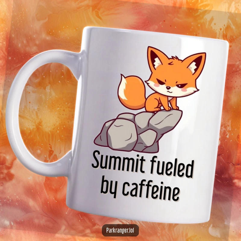 Funny mug featuring a small, playful fox character with a determined grin scaling a stylized rock formation, ready for adventure.