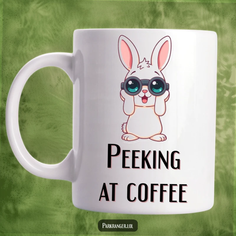 Funny mug featuring a playful rabbit character intently looking through binoculars, symbolizing curiosity and a humorous outlook on life.
