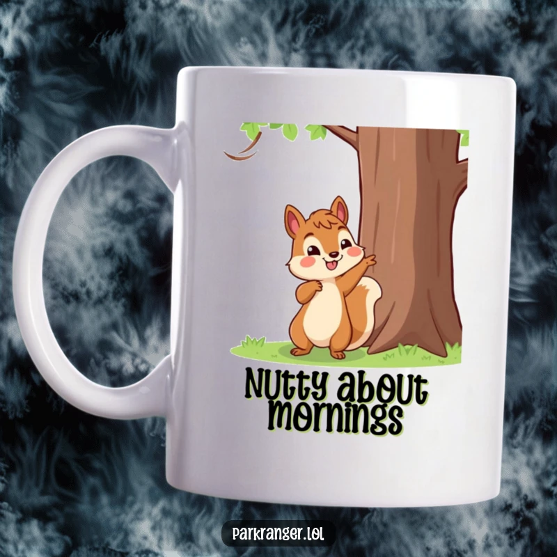 Funny Squirrel Mug showing a happy squirrel character pointing excitedly towards a tall, inviting tree.