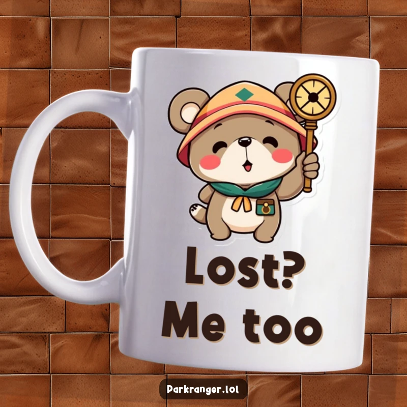 Funny mug featuring a scout bear character confidently pointing a compass, guiding the way with a cheerful and determined expression, perfect for adventurers.