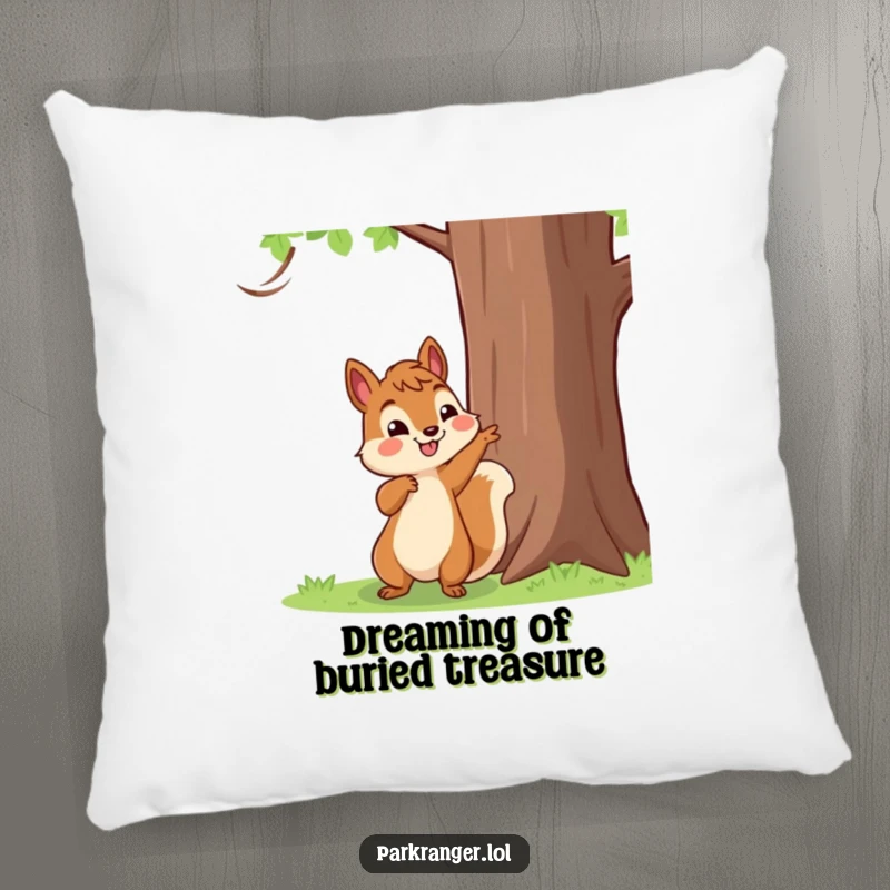 Funny Pillow showcasing a happy squirrel character pointing towards a tall tree, bringing cozy discovery vibes to any room.