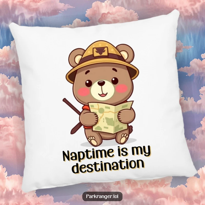 Funny Pillow showcasing a cheerful bear in a ranger hat, holding a map, bringing cozy adventure vibes to any room.