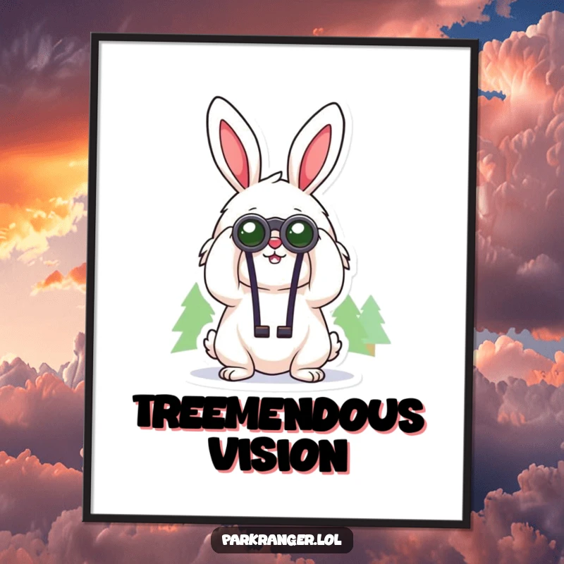 Funny digital art print of a cheerful, fluffy rabbit character using binoculars to gaze at distant trees, whimsical illustration.