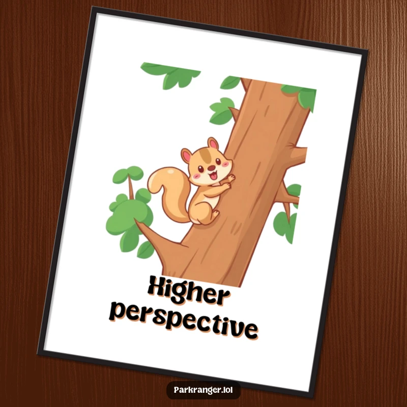 Funny digital art print of a cheerful squirrel character climbing a tree, perfect for adding an energetic and humorous vibe to any wall decor.
