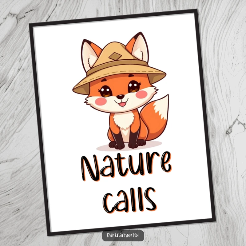 Funny digital art print of a happy fox character in a ranger hat, perfect for adding a touch of woodland humor and charm to wall decor.