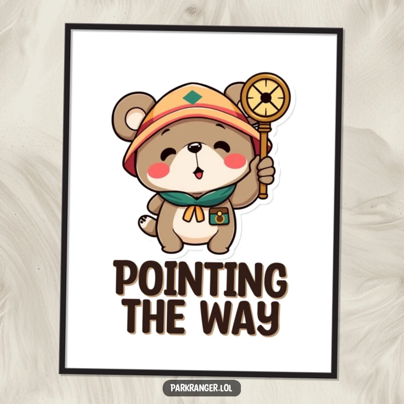 Funny digital art print of a scout bear character pointing a compass, perfect for adding a humorous and adventurous vibe to any room's decor.