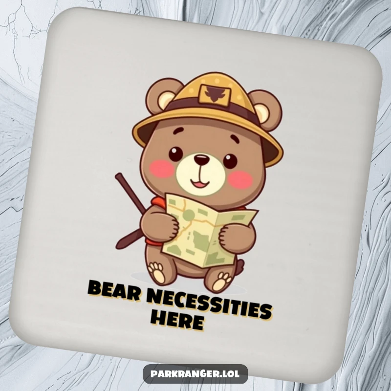 Funny Coaster showcasing a cheerful bear in a ranger hat, holding a map, adding a touch of adventure to any surface.