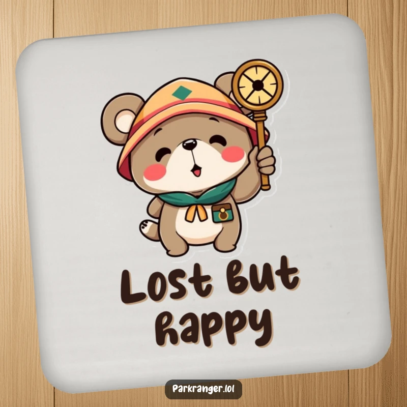 Funny drink coasters featuring a scout bear character pointing a compass, adding a humorous and protective element to coffee tables and bars.