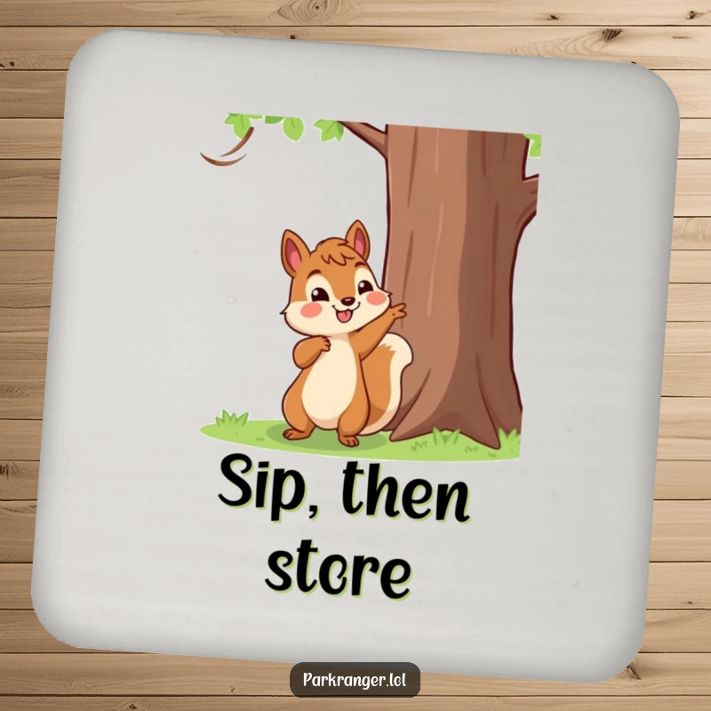 Funny Coaster showcasing a happy squirrel character pointing towards a tall tree, adding a touch of nature to any surface.