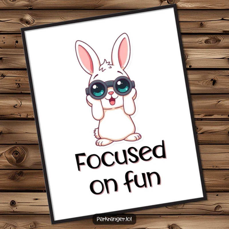 Funny poster of a playful rabbit character looking through binoculars, ideal for adding a humorous and curious touch to wall decor.