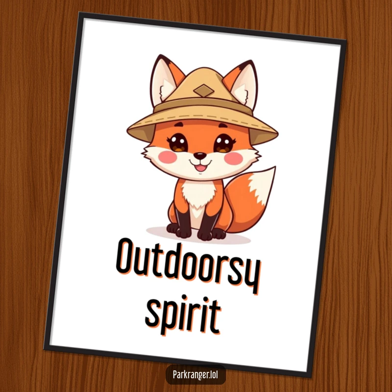 Funny poster of a happy fox character in a ranger hat, radiating a friendly and adventurous woodland vibe, ideal for charming wall decor.