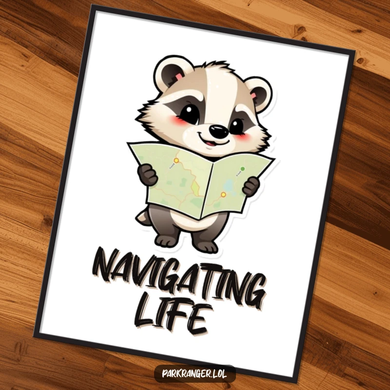 Funny poster of a determined badger character holding a map, conveying focus, adventure, and humorous planning for wall decor.