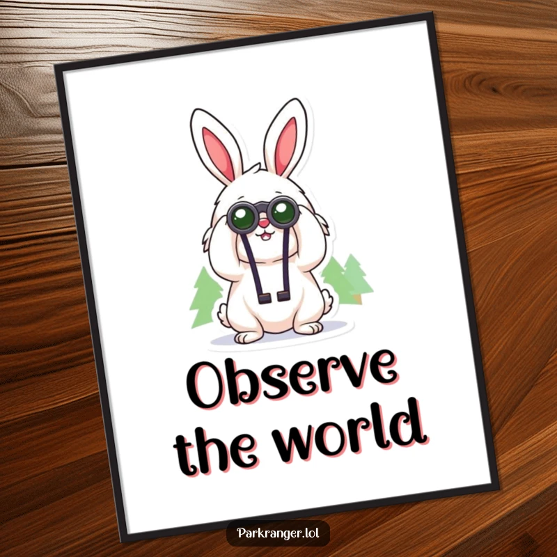 Funny poster featuring a cheerful, fluffy rabbit character using binoculars to gaze at distant trees, a delightful nature observation theme.