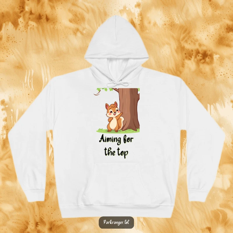 Funny Hoodie showcasing a happy squirrel character pointing towards a tall tree, ready for a cozy adventure.