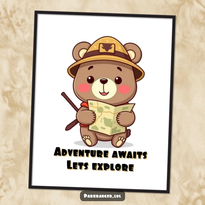 Funny Free Printable Wall Art of a cheerful bear wearing a ranger hat and holding a map, ready for an adventure.