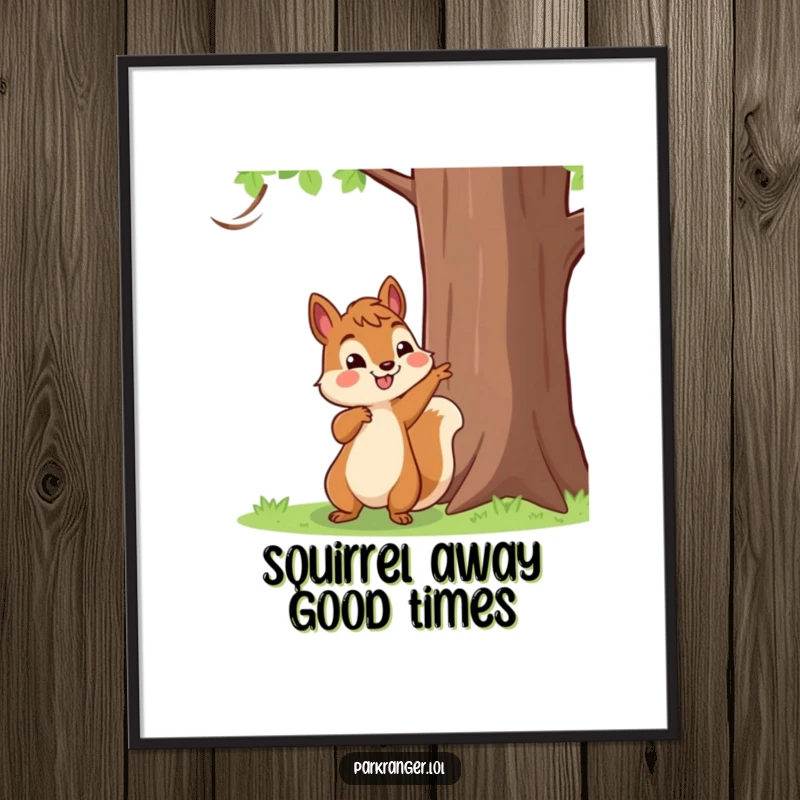 Funny Free Printable Wall Art of a happy squirrel character pointing energetically towards a tall, majestic tree.