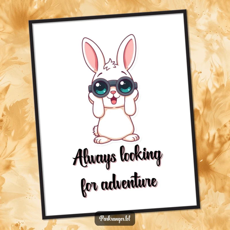 Funny Free Printable Wall Art of a playful rabbit character looking through binoculars, observing the world with humor.