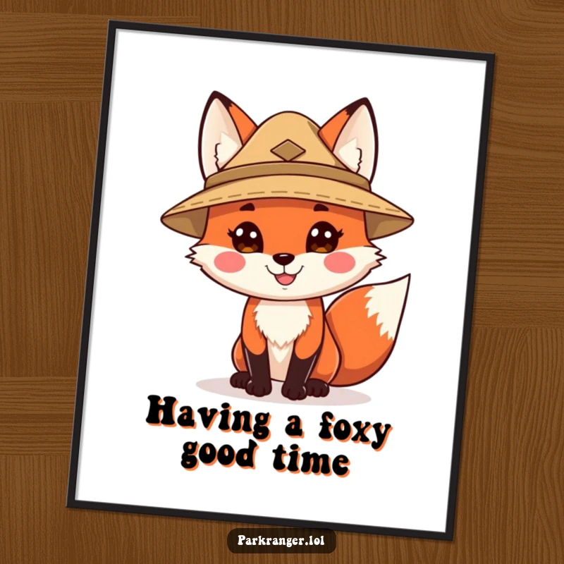 Funny Free Printable Wall Art of a happy fox character wearing a ranger hat, ready for outdoor adventures.
