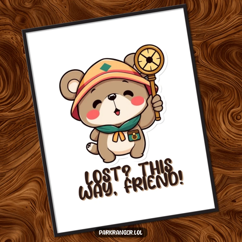 Funny Free Printable Wall Art of a scout bear character pointing a compass, embodying adventure and a good laugh.