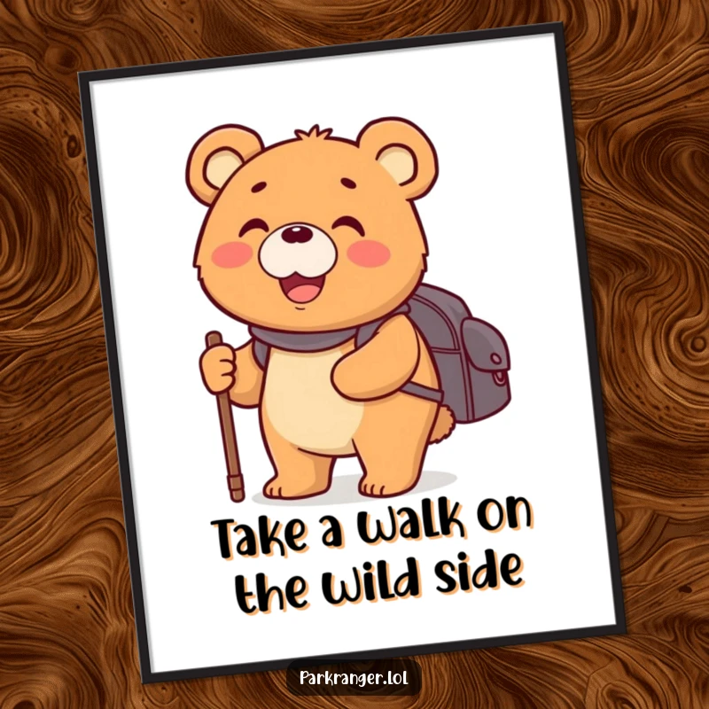 Happy Free Printable Wall Art of a round bear with a backpack and walking stick, smiling widely, a symbol of joyful journeys.