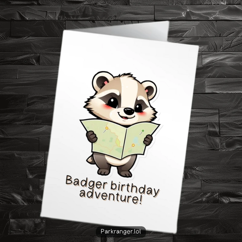 Funny Free Printable Birthday Card featuring a determined badger character holding a map, plotting a course for celebration.