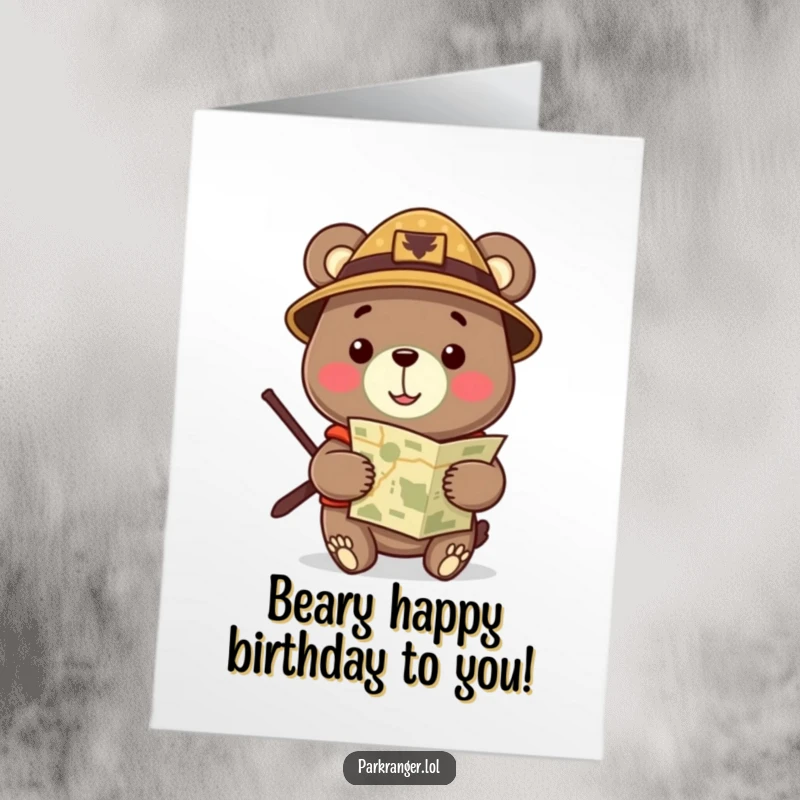 Funny Free Printable Birthday Card featuring a cheerful bear in a ranger hat holding a map, ready to navigate a happy birthday.