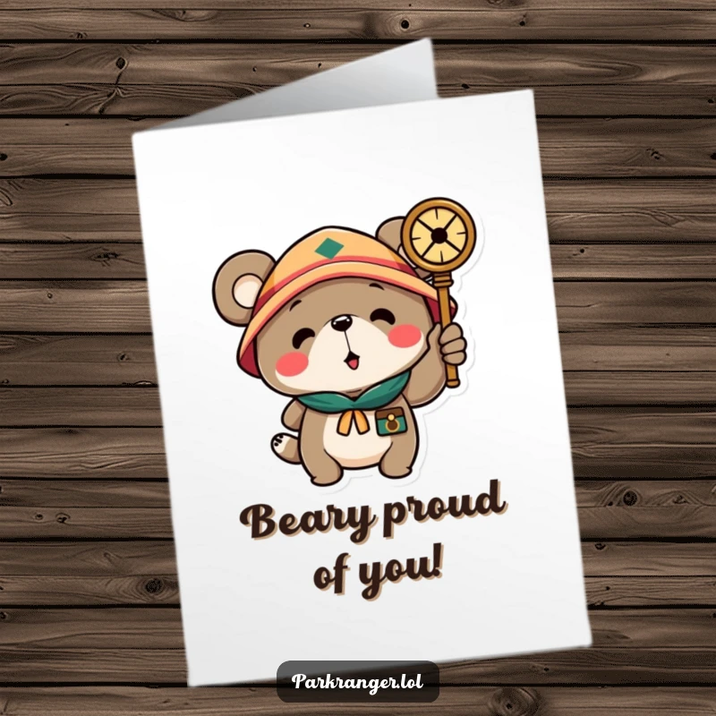 Funny Free Printable Congratulations Card with a scout bear character holding a compass, celebrating a guiding success.