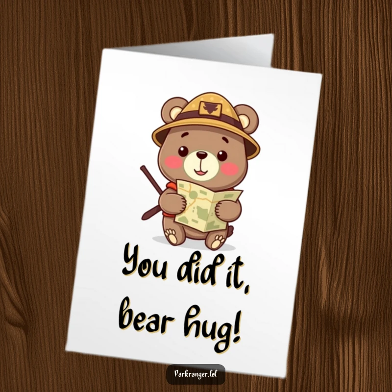 Funny Free Printable Congratulations Card of a cheerful bear ranger using a map to find congratulations on their success.