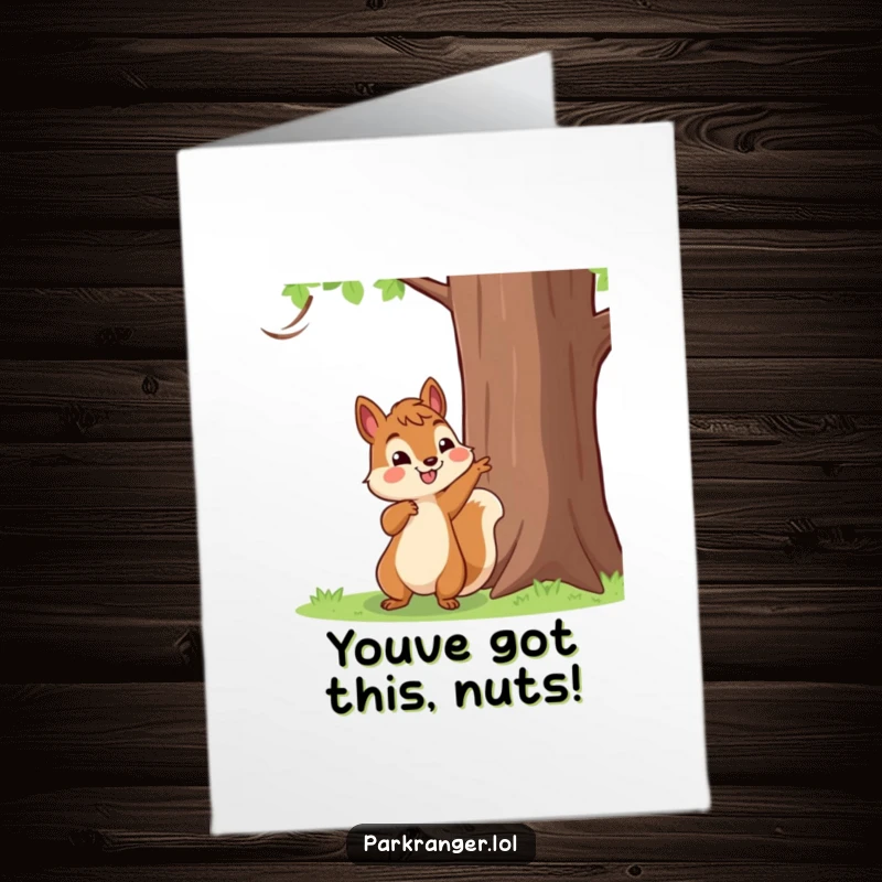 Funny Free Printable Congratulations Card of a happy squirrel pointing towards a tall tree symbolizing success.