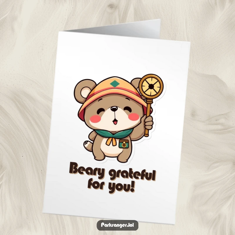 Funny Free Printable Thank You Card showing a scout bear with a compass, pointing towards heartfelt gratitude.