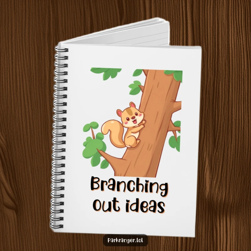Funny notebook featuring a cheerful squirrel character climbing a tree, ideal for note-taking, journaling, and capturing ambitious ideas with humor.
