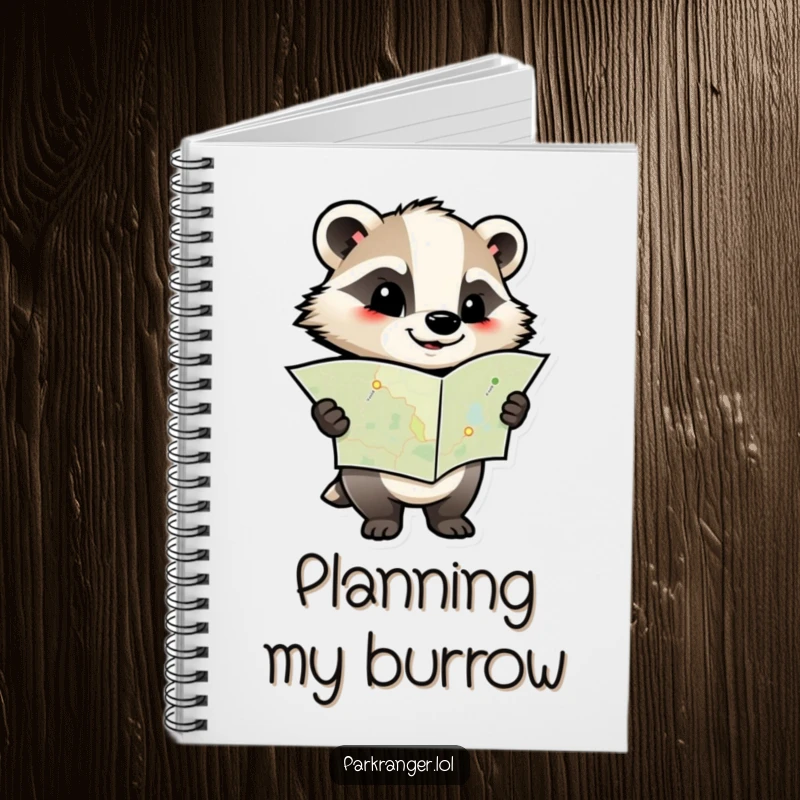 Funny notebook featuring a determined badger character with a map, ideal for note-taking, journaling, and capturing plans with a humorous and focused approach.