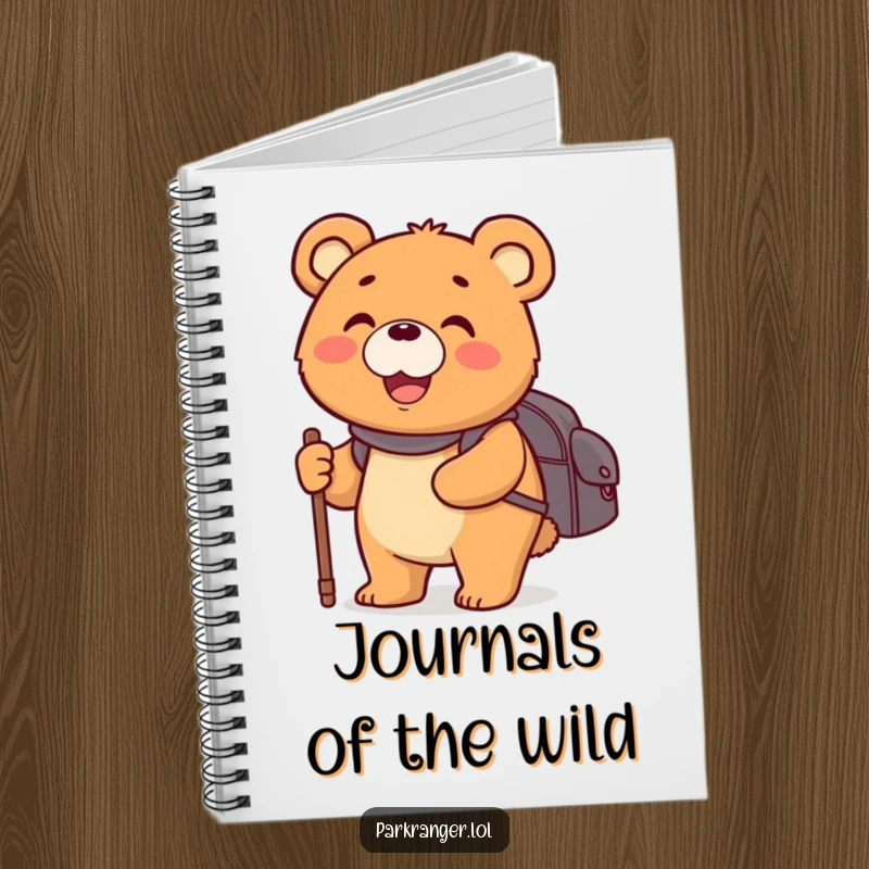 Funny notebook with a happy, round bear character carrying a backpack and walking stick, perfect for notes and planning trips.