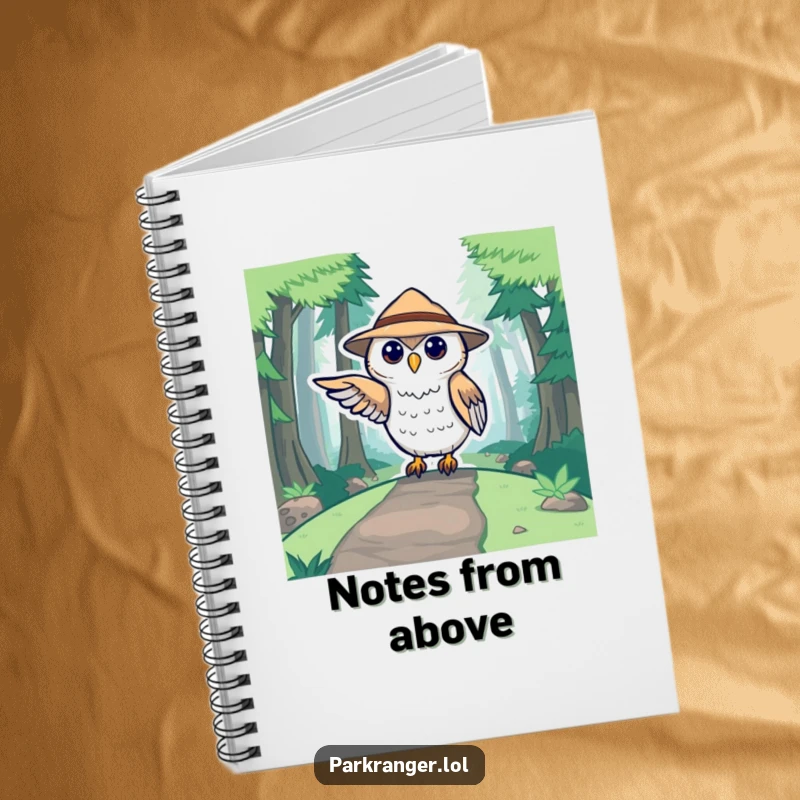 Funny notebook with a cute stylized owl ranger pointing towards a forest path, ideal for notes and creative writing.
