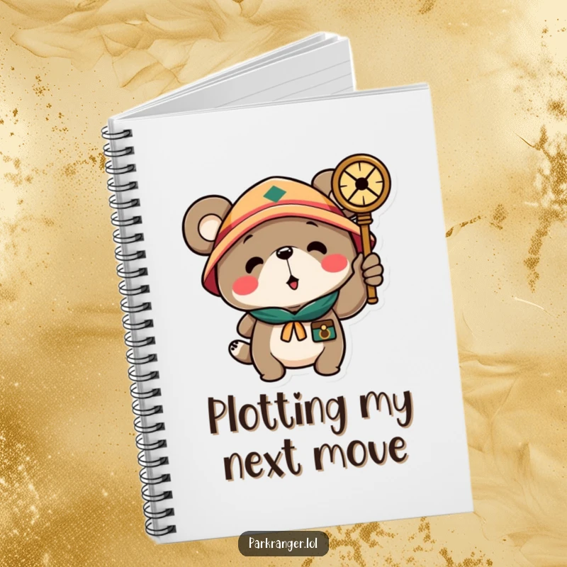 Funny notebook featuring a scout bear character with a compass, ideal for jotting down notes, plans, or creative ideas with a touch of humor.
