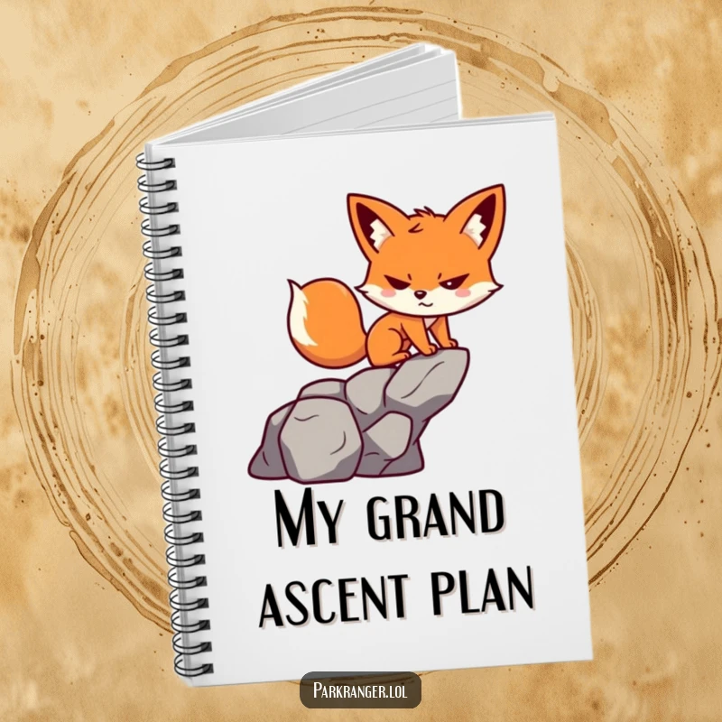 Funny notebook featuring a small, playful fox character with a determined grin, climbing a rock formation.