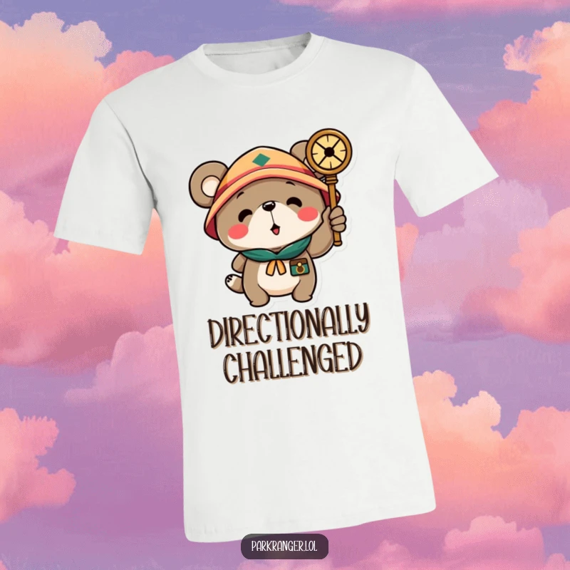 Funny t-shirt showcasing a scout bear character pointing a compass with an adventurous spirit, perfect for outdoor lovers seeking a humorous apparel choice.